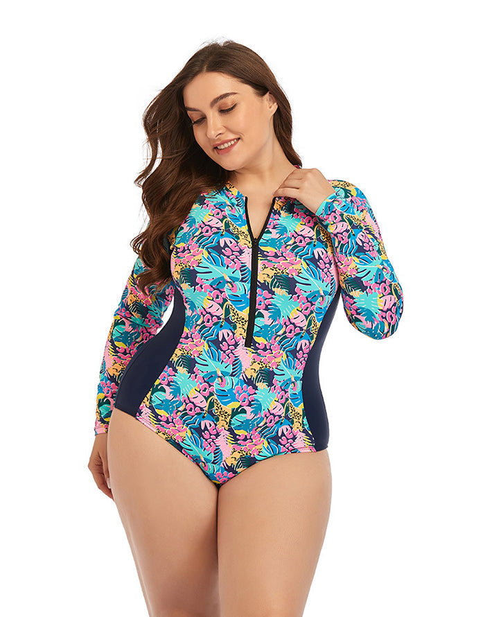 Ocevara Ocevara - Multicolor High Neckline Zip Long Sleeve One Piece Swimsuit - image 4