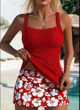 Mid Waisted Floral Print Red Tankini Set