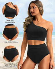 Ocevara Ocevara - High-Waist One-Shoulder Tummy Control Bikini Set - image 9