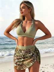 Olive Tropical Leopard Halter Bikini Set with Wrap Skirt