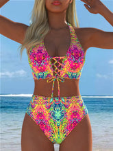 Neon Abstract Print Lace-Up Halter High Waisted Bikini Set