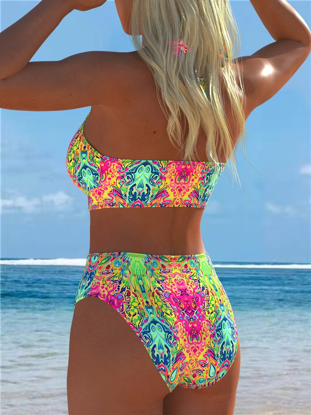Neon Abstract Print Lace-Up Halter High Waisted Bikini Set
