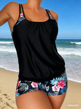 Black Tropical Floral Blouson Tankini Set