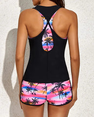 Ocevara Ocevara - Pink Palm 3 Piece Tank Bathing Suits With Shorts And Racer back Sports - image 3