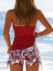 Red Aztec paisley tankini swimsuit set with shorts back/detail view