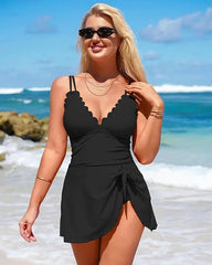 Ocevara One Piece Swimdress Swimsuits for Women Scalloped Tummy Control Swim Dress Tie Knot Skirt - image 3