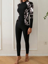Floral Panel Long-Sleeve Rash Guard Swimsuit