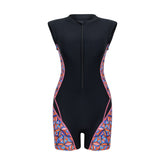 Geometric Panel Zip-Front Sleeveless Rash Guard Swimsuit