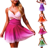 Women's Fashion V-Neck Twist Front Swimdress Trendy Gradient Swim Dress Classic Push Up Flowy One Piece Swimsuit