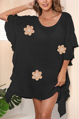Ocevara beachsissi Solid Black Three Flower Print Swimsuits Cover Up - image 2