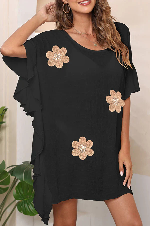 Ocevara beachsissi Solid Black Three Flower Print Swimsuits Cover Up - image 3
