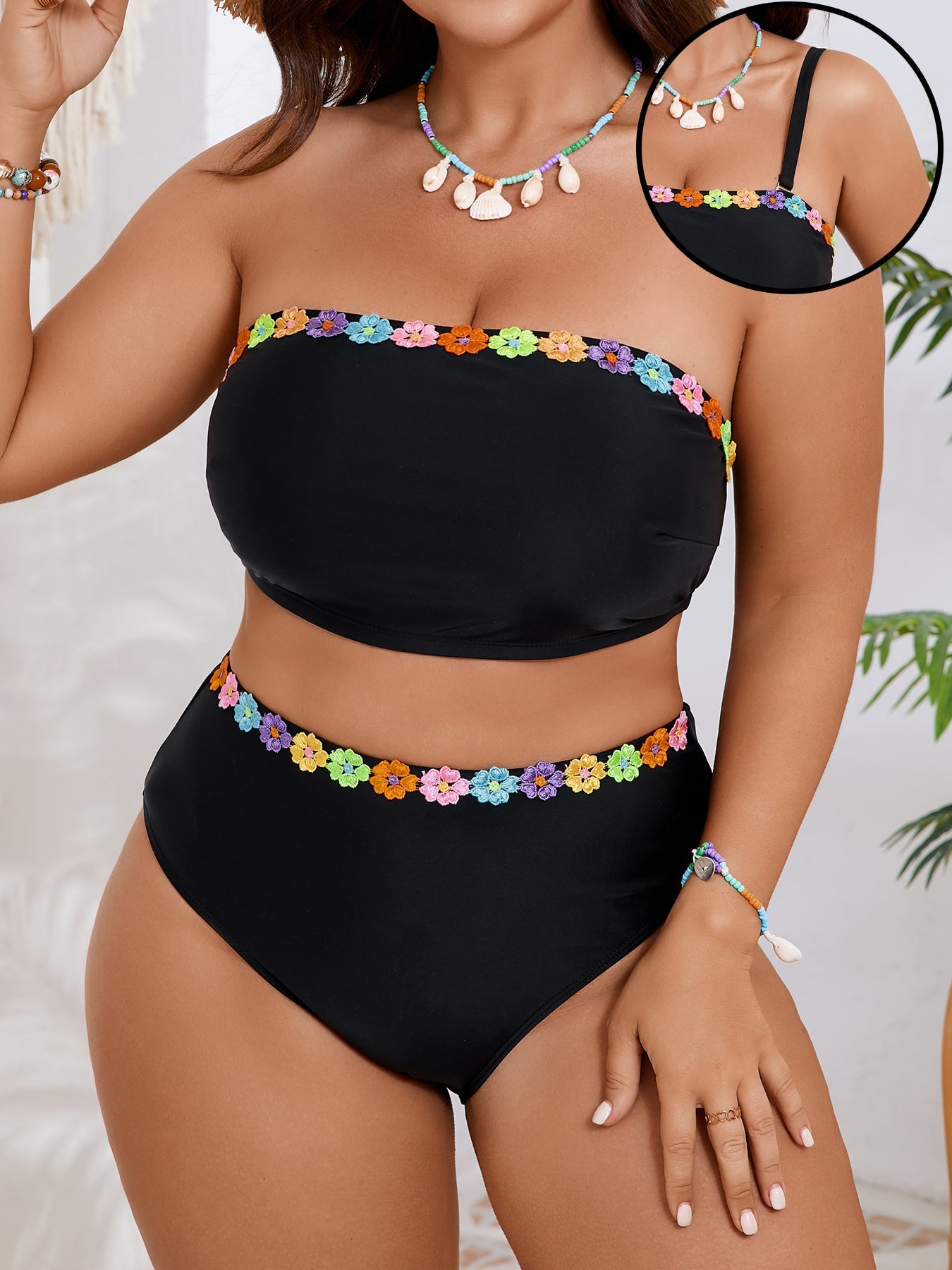 Floral Trim Bandeau Bikini Set