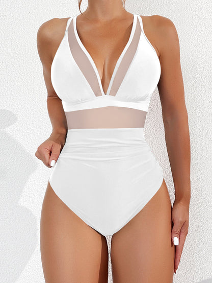 Ocevara Ocevara - Women Plus Size One Piece Swimsuit V Neck Mesh Sheer Tummy Control Bathing Suit - image 4