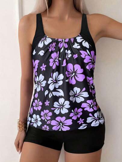 Floral Print Spaghetti Strap Backless Tankini Set