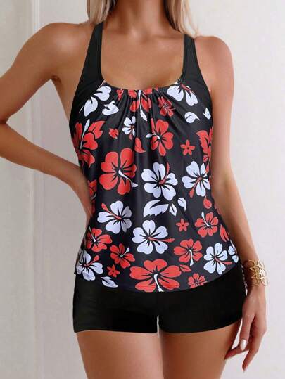 Floral Print Spaghetti Strap Backless Tankini Set