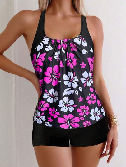Floral Print Spaghetti Strap Backless Tankini Set