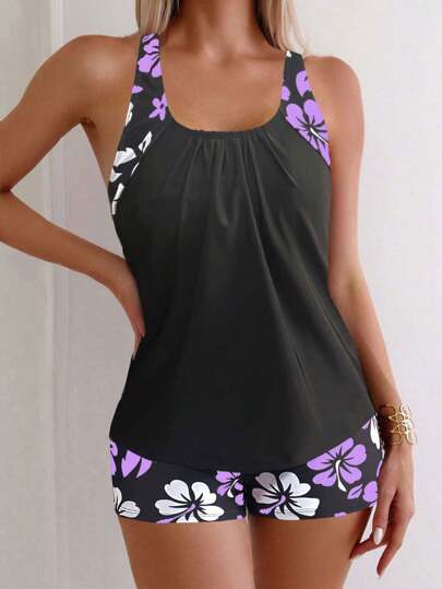Floral Print Spaghetti Strap Backless Tankini Set