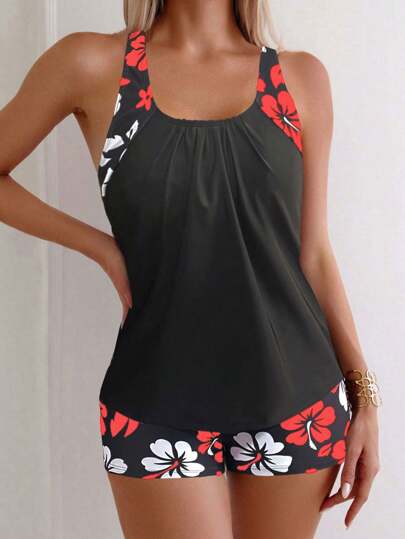 Floral Print Spaghetti Strap Backless Tankini Set