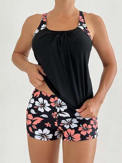 Floral Print Spaghetti Strap Backless Tankini Set