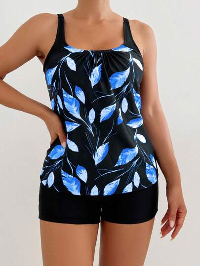 Floral Print Spaghetti Strap Backless Tankini Set