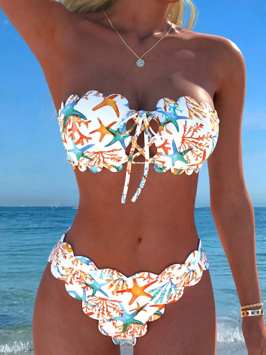 Leaf Print Flounce Halter Tie Front Bikini Set