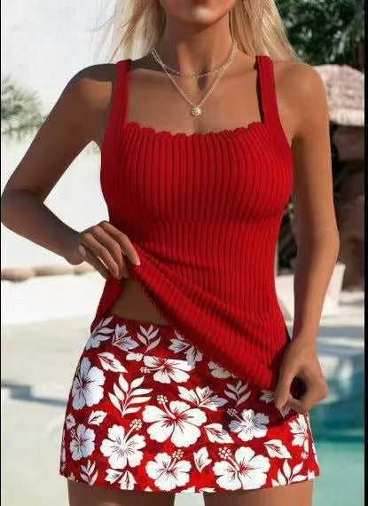 Mid Waisted Floral Print Red Tankini Set
