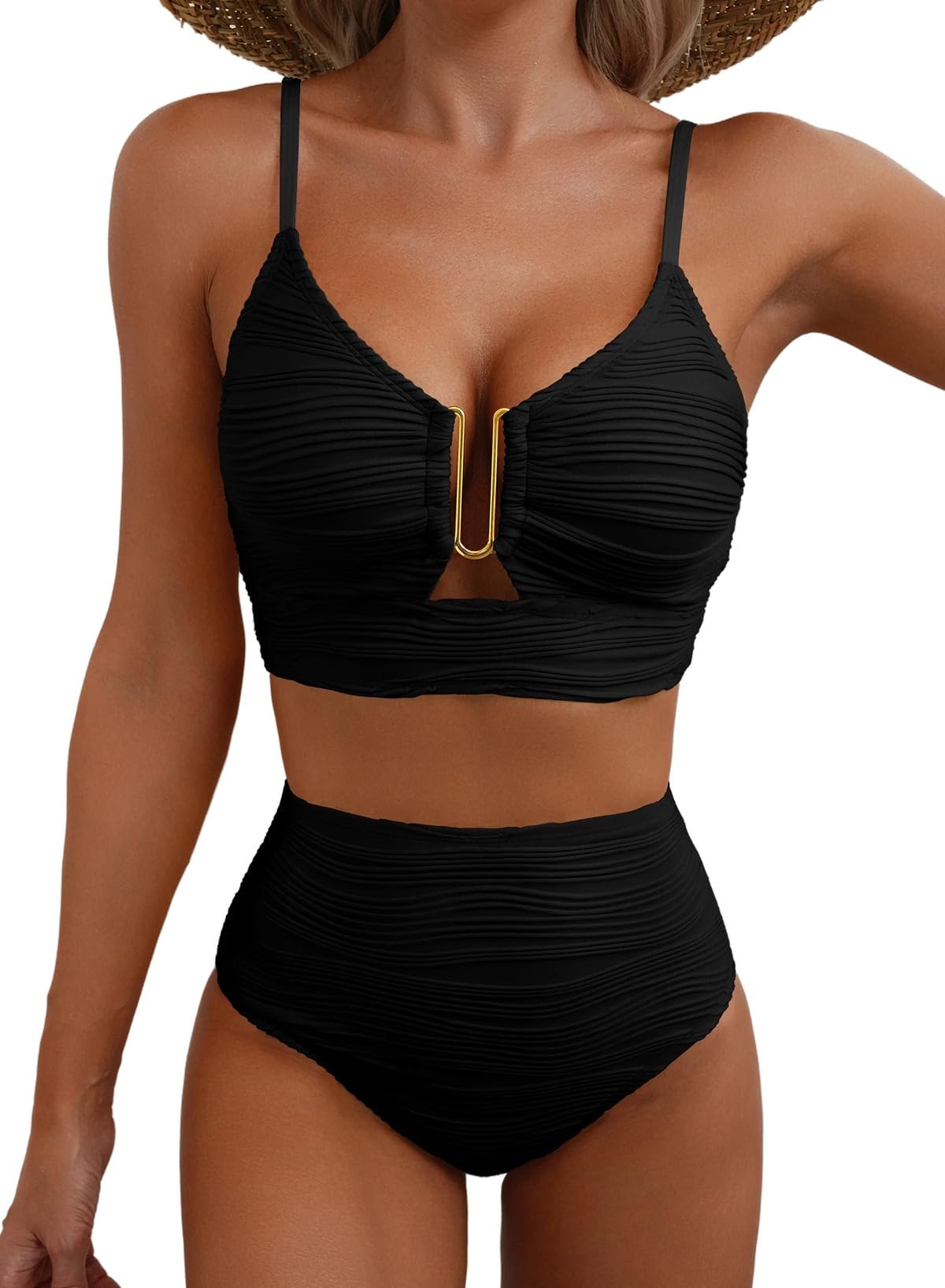 Ocevara Ocevara High-Waisted Tummy Control Bikini Set Textured U-Wire Cutout Swimwear - image 6