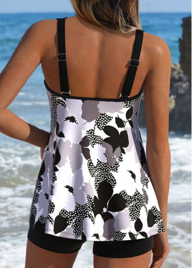 Black Lace Up Floral Print Tankini Set