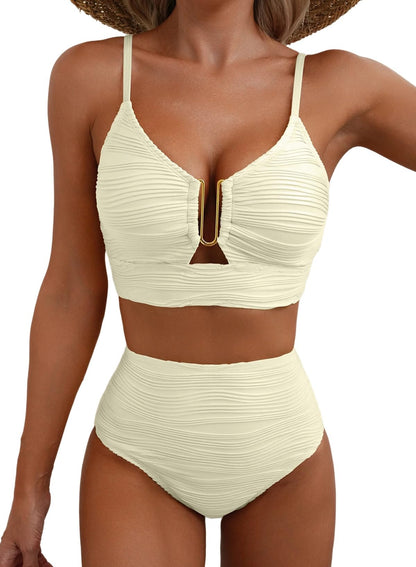 Ocevara Ocevara High-Waisted Tummy Control Bikini Set Textured U-Wire Cutout Swimwear - image 15