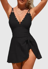 Ocevara One Piece Swimdress Swimsuits for Women Scalloped Tummy Control Swim Dress Tie Knot Skirt - image 1