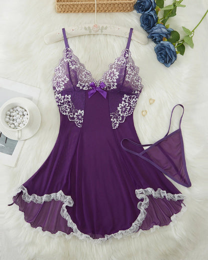 Ocevara Sexy V Neck Sheer Lace Nightgown with G-String - image 7