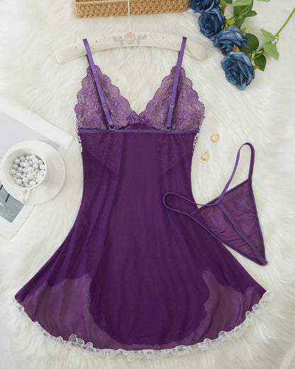 Ocevara Sexy V Neck Sheer Lace Nightgown with G-String - image 8