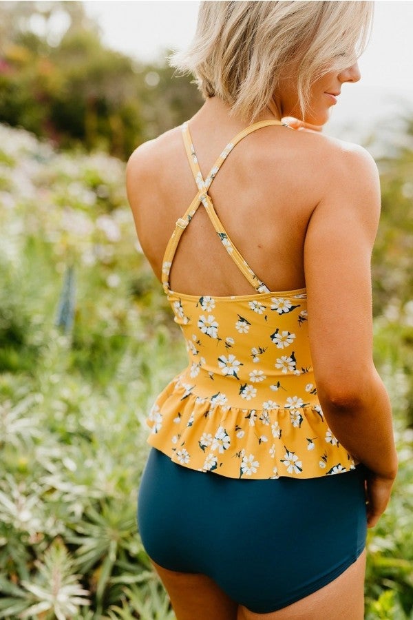 Ocevara Ocevara - Peplum Tankini Swim In Mustard Daisy - image 2