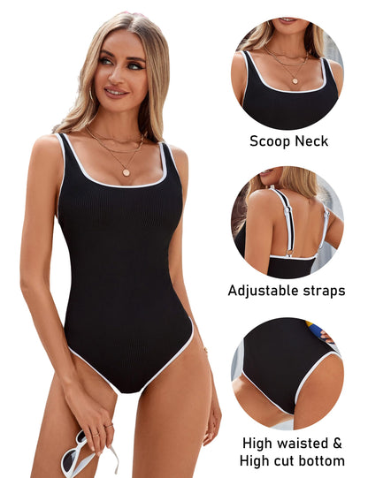 Ocevara Ocevara - Women's One Piece Swimsuit Sports Adjustable Strap Bathing Suit Color Block Ribbed - image 4