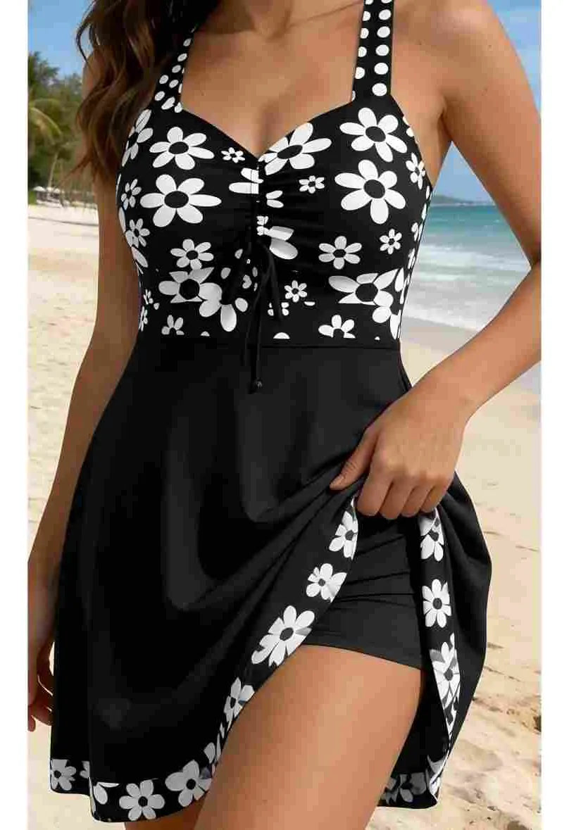 Floral Print Halter Bikini Top and Boxer Swim Set Black