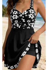 Floral Print Halter Bikini Top and Boxer Swim Set Black