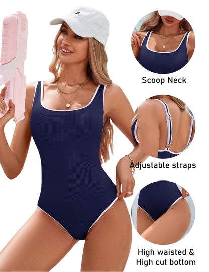 Ocevara Ocevara - Women's One Piece Swimsuit Sports Adjustable Strap Bathing Suit Color Block Ribbed - image 10