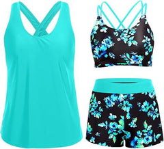 Cross-Back Three-Piece Tankini and Boyshort Set
