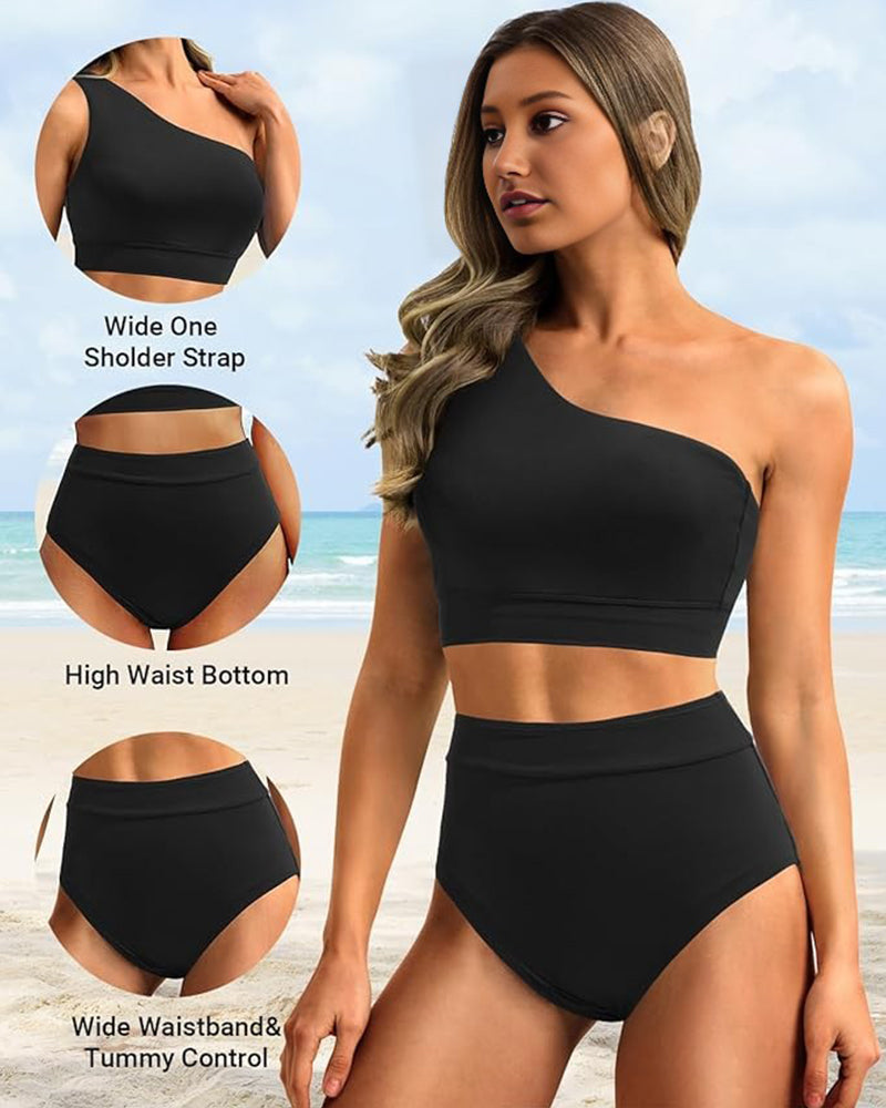 Ocevara Ocevara - High-Waist One-Shoulder Tummy Control Bikini Set - image 9