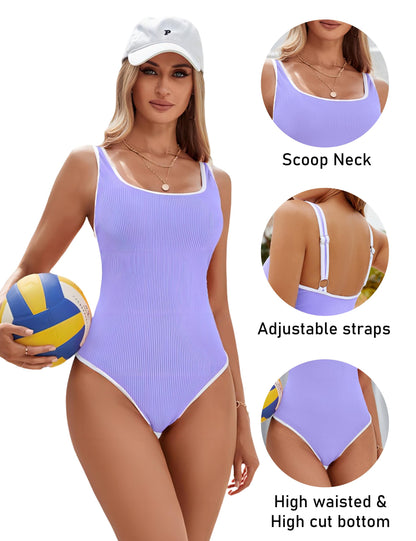 Ocevara Ocevara - Women's One Piece Swimsuit Sports Adjustable Strap Bathing Suit Color Block Ribbed - image 25