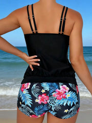 Black Tropical Floral Blouson Tankini Set