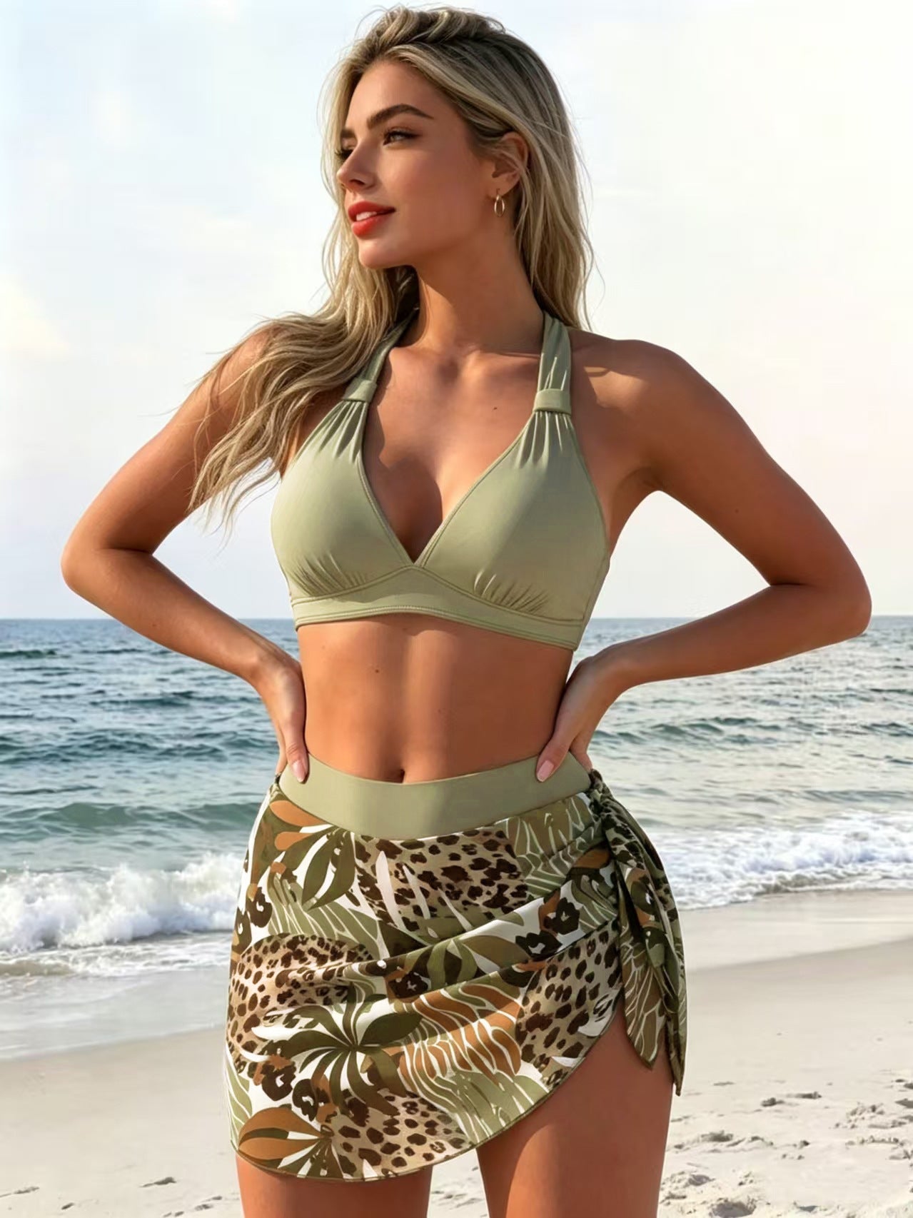 Olive Tropical Leopard Halter Bikini Set with Wrap Skirt