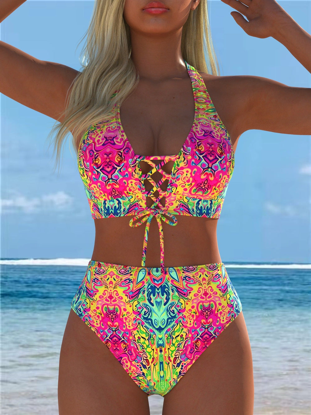 Neon Abstract Print Lace-Up Halter High Waisted Bikini Set