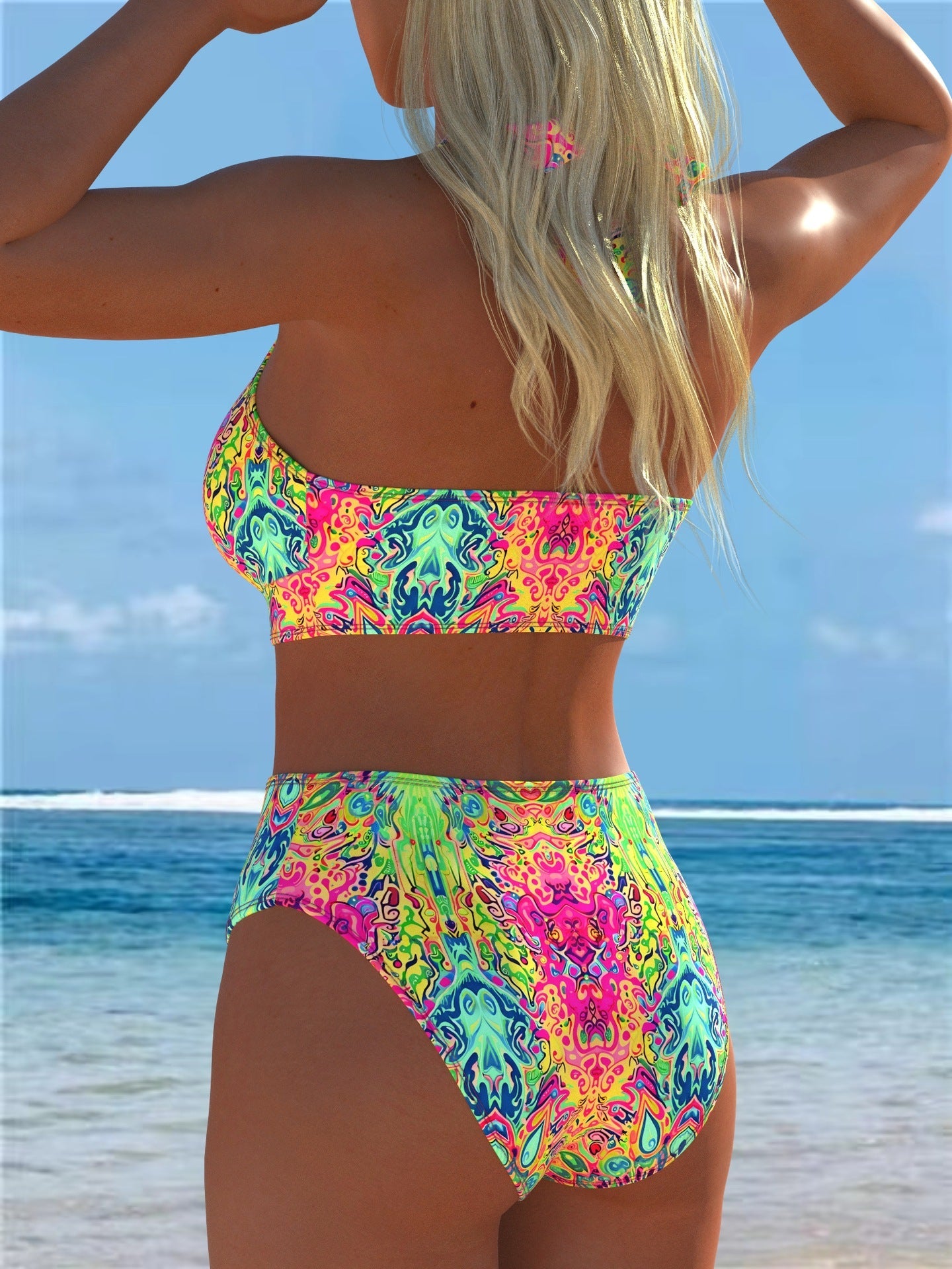 Neon Abstract Print Lace-Up Halter High Waisted Bikini Set