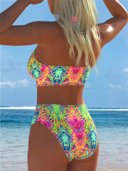 Neon Abstract Print Lace-Up Halter High Waisted Bikini Set