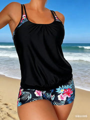 Black Tropical Floral Blouson Tankini Set