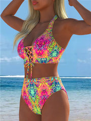 Neon Abstract Print Lace-Up Halter High Waisted Bikini Set
