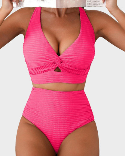 Ocevara Ocevara - Textured Knot-Front High-Waisted Bikini Set - image 11
