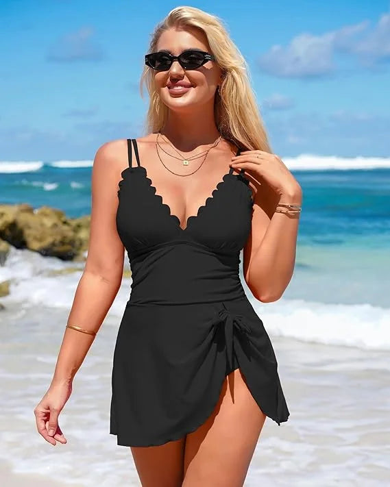 Ocevara One Piece Swimdress Swimsuits for Women Scalloped Tummy Control Swim Dress Tie Knot Skirt - image 3