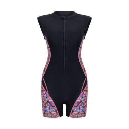 Geometric Panel Zip-Front Sleeveless Rash Guard Swimsuit